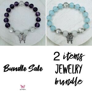 Violet & Blue Beaded w/ Sparkly Butterfly Charm Bracelet Bundle- Small wrists